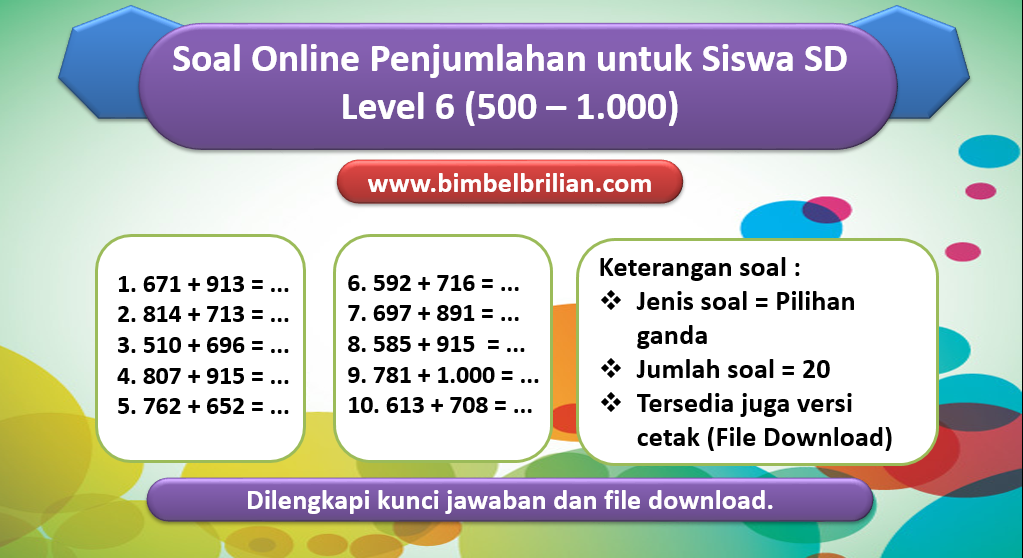 Soal Online Penjumlahan Level 6 untuk Kelas 1 & 2 SD (500 – 1.000)