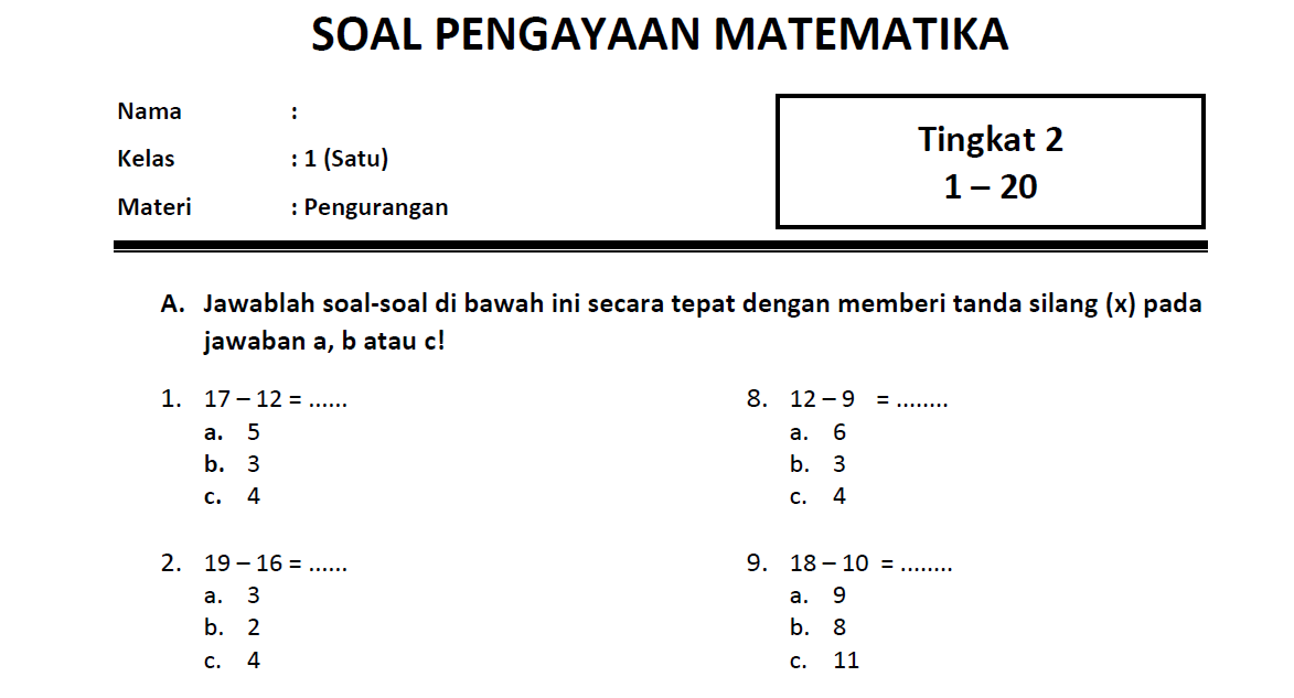 Soal Pengurangan Sd Level 2 1 20 Dan Kunci Jawaban Bimbel Brilian