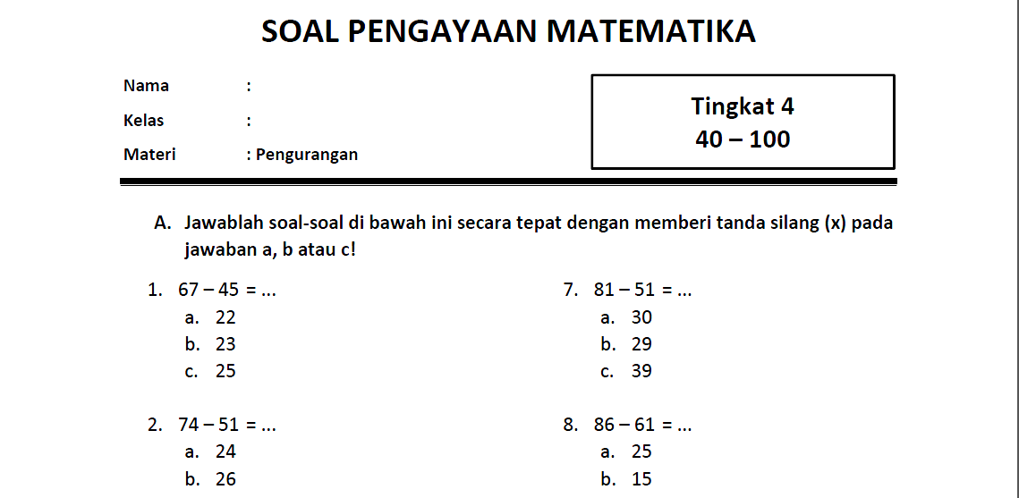 Soal Pengurangan Level 4