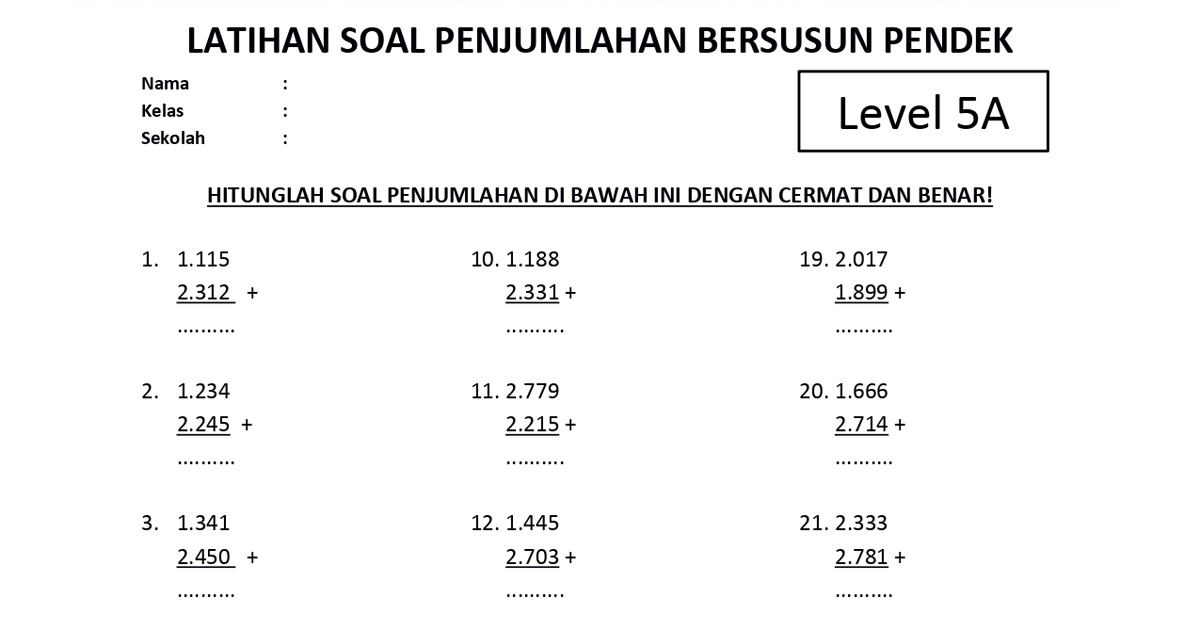 Soal Penjumlahan Bersusun Pendek Level 5 Lembar A - www.bimbelbrilian.com thumbnail