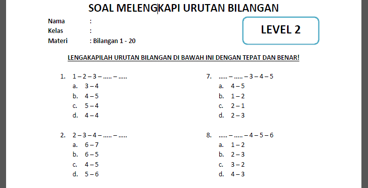 Soal Melengkapi Urutan Bilangan 2