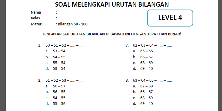 Soal Melengkapi Urutan Bilangan 4