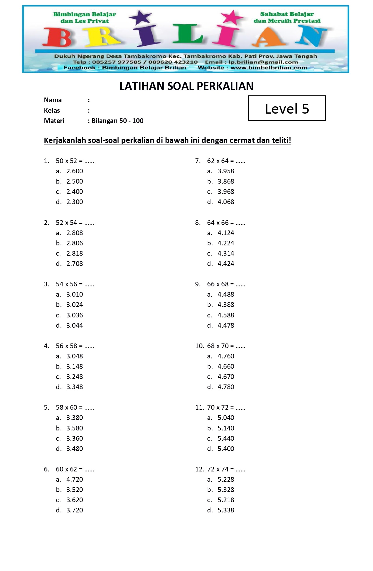 Soal Perkalian Level 5 Bilangan 50 - 100  www.bimbelbrilian.com