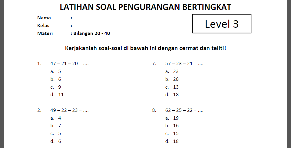 Soal Pengurangan Bertingkat Level 3