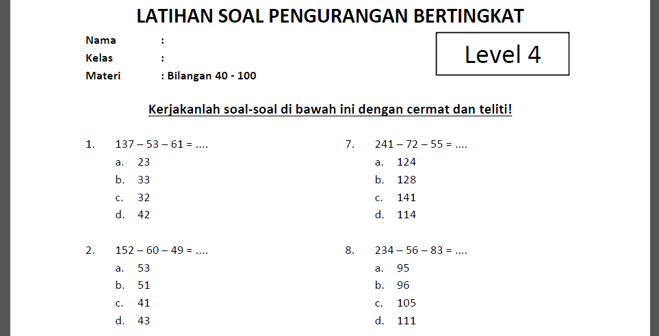 Soal Pengurangan Bertingkat Level 4