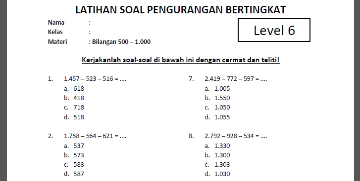 Soal Pengurangan Bertingkat Level 6