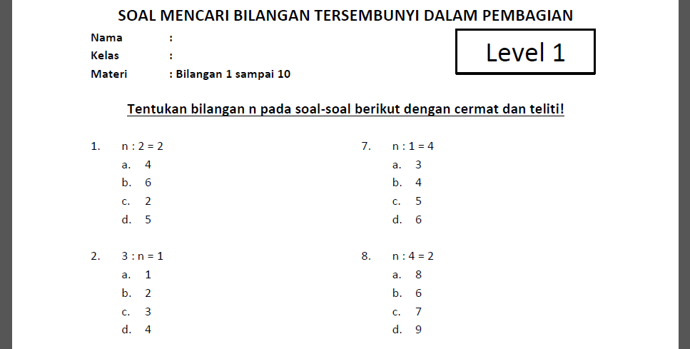 Soal Mencari Bilangan n dalam Pembagian Kelas 2 SD Level 1