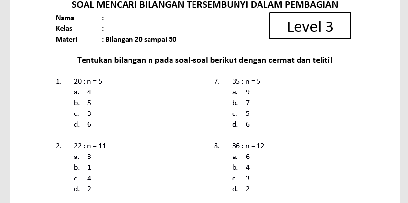 Soal Mencari Bilangan n dalam Pembagian Kelas 3 SD Level 3