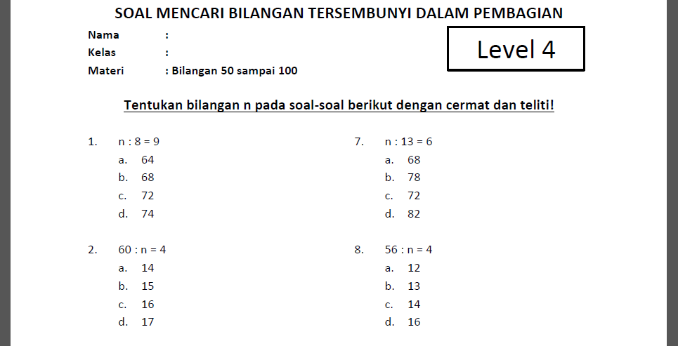Soal Mencari Bilangan n dalam Pembagian Kelas 3 SD Level 4