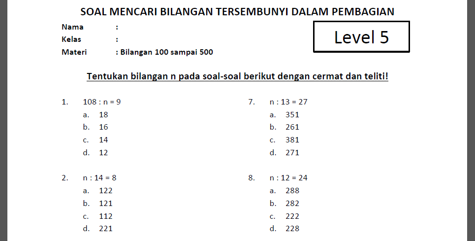 Soal Mencari Bilangan n dalam Pembagian Kelas 4 SD Level 5