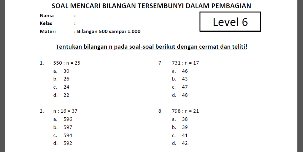 Soal Mencari Bilangan n dalam Pembagian Kelas 4 SD Level 6