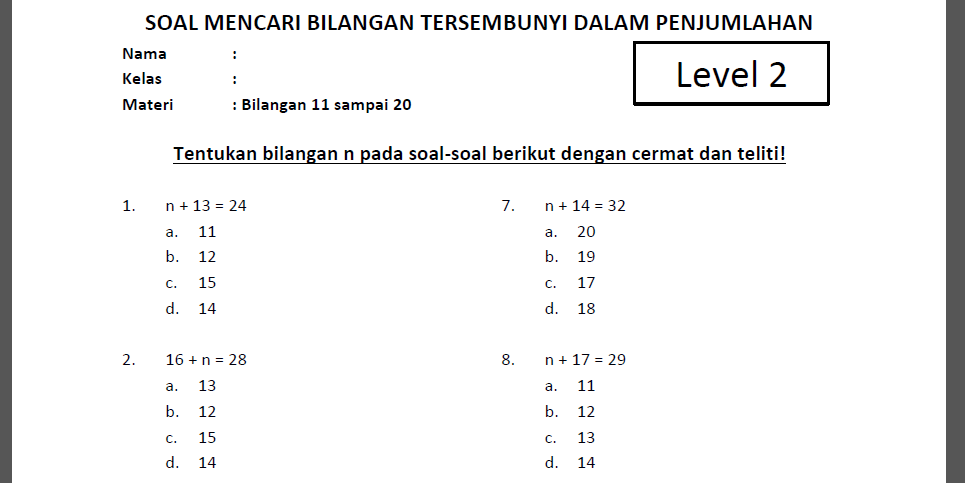 Soal Mencari Bilangan n dalam Penjumlahan Kelas 2 SD Level 2 dan Kunci Jawaban
