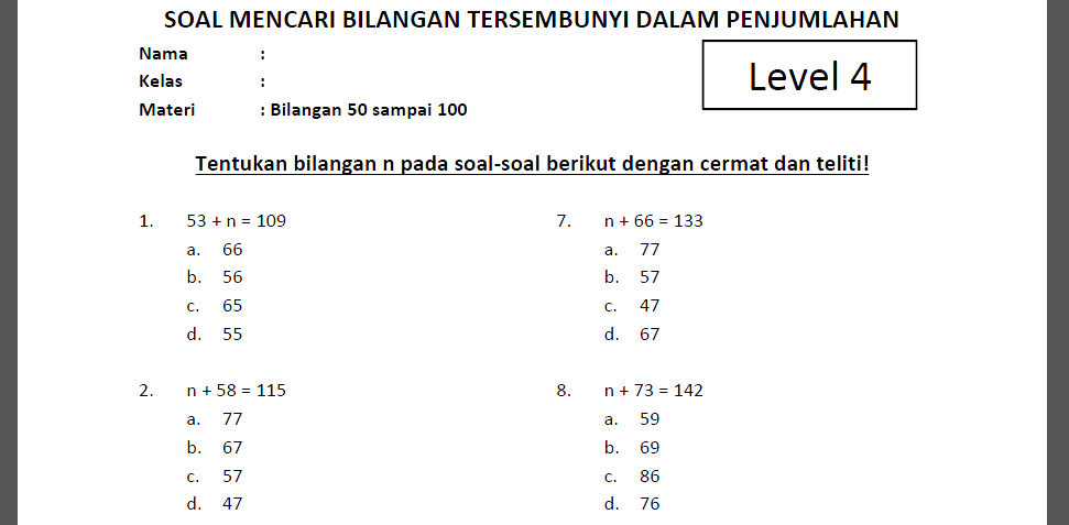 Soal Mencari Bilangan n dalam Penjumlahan Kelas 3 SD Level 4 dan Kunci Jawaban