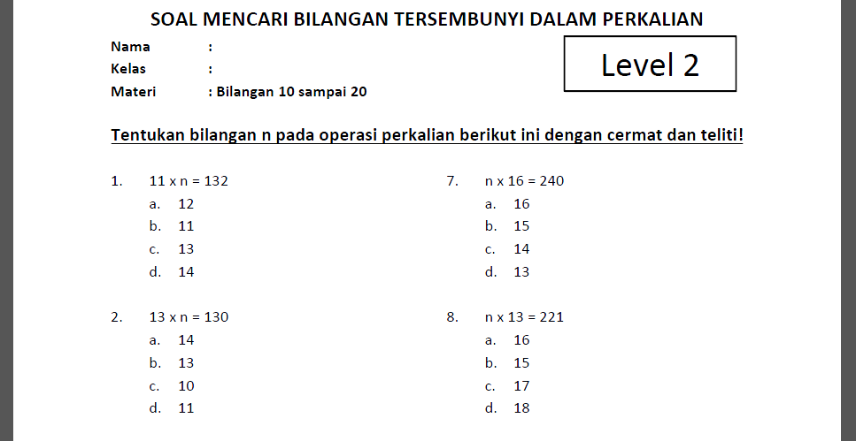 Soal Mencari Bilangan n dalam Perkalian Kelas 2 SD Level 2 www.bimbelbrilian.com