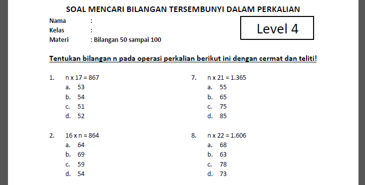 Soal Mencari Bilangan n dalam Perkalian Kelas 3 SD Level 4 www.bimbelbrilian.com