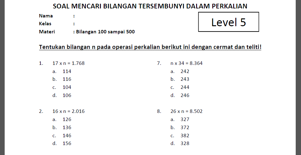 Soal Mencari Bilangan n dalam Perkalian Kelas 4 SD Level 5 www.bimbelbrilian.com