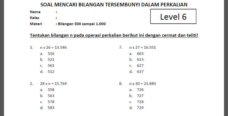 Soal Mencari Bilangan n dalam Perkalian Kelas 4 SD Level 6 www.bimbelbrilian.com