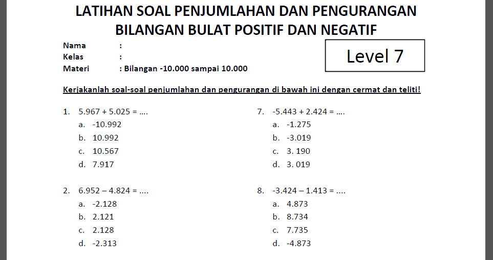 Soal Penjumlahan dan Pengurangan Bilangan Bulat Positif Negatif Level 7
