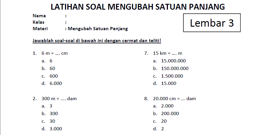 Soal Perubahan Satuan Panjang Lembar 3 - www.bimbelbrilian.com