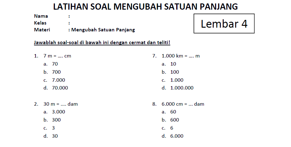 Soal Perubahan Satuan Panjang Lembar 4 - www.bimbelbrilian.com Soal Perubahan Satuan Panjang Lembar 4 - www.bimbelbrilian.com