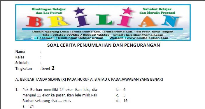 Soal Cerita Penjumlahan dan Pengurangan Kelas 2 SD - Level 2