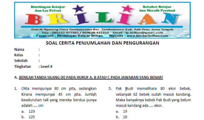 Soal Cerita Penjumlahan dan Pengurangan Kelas 3 SD Soal Cerita Penjumlahan dan Pengurangan Kelas 3 SD