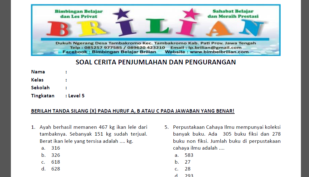 Soal Cerita Penjumlahan dan Pengurangan Kelas 4 SD - Level 6