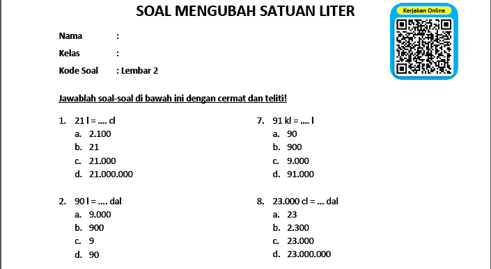 Soal Mengubah Satuan Liter Lembar 2 - www.bimbelbrilian.com Soal Mengubah Satuan Liter Lembar 2 - www.bimbelbrilian.com