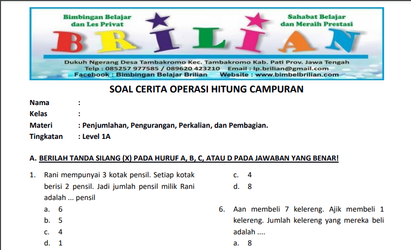 Soal Cerita Operasi Hitung Campuran - Level 1A