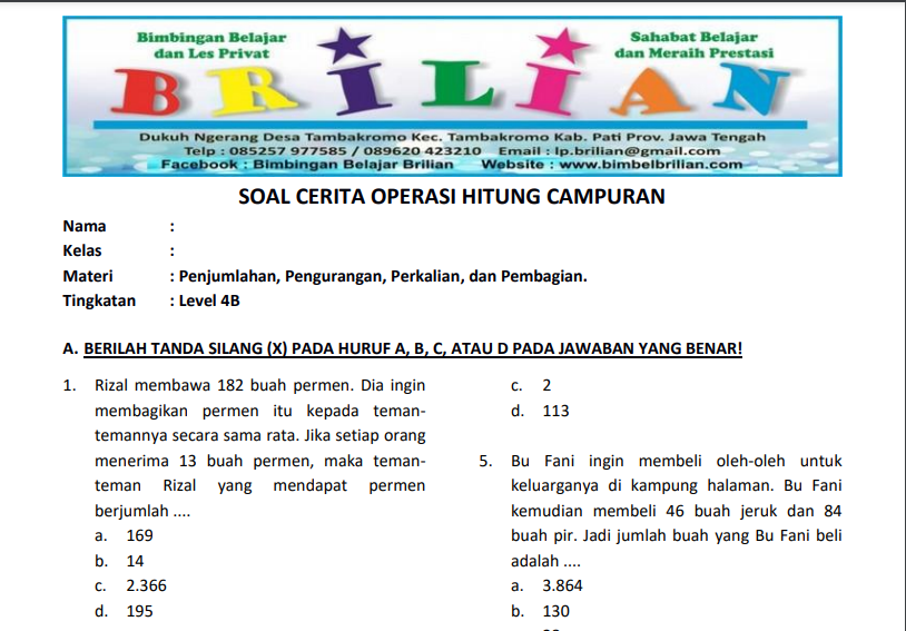 Soal Cerita Operasi Hitung Campuran - Level 4B