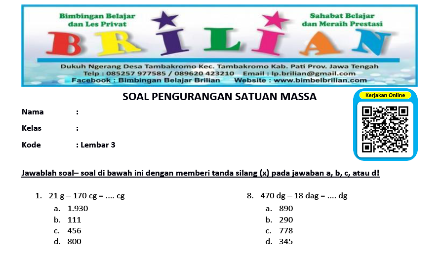 Soal Pengurangan Satuan Massa Lembar 3 ( www.bimbelbrilian.com )