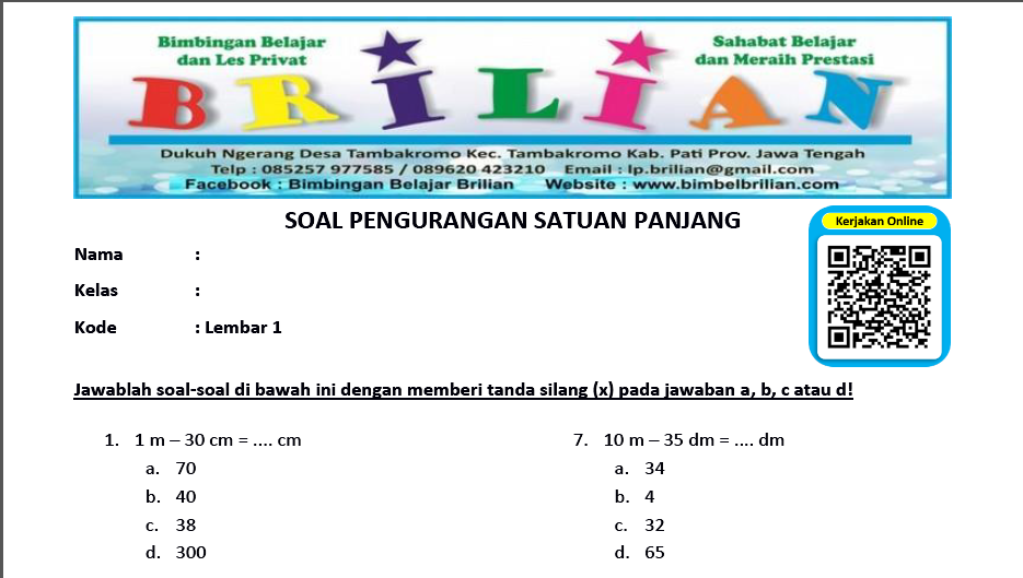 Soal Pengurangan Satuan Panjang Lembar 1