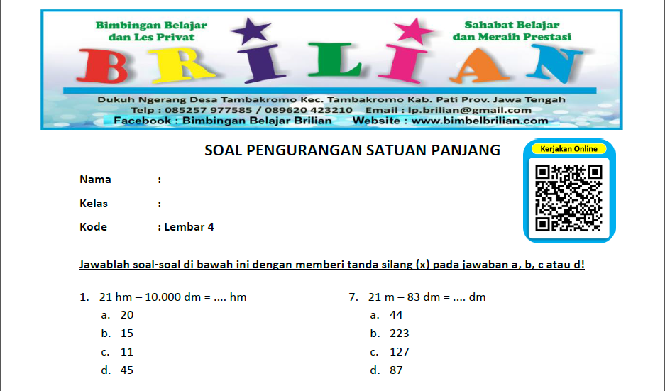 Soal Pengurangan Satuan Panjang Lembar 4