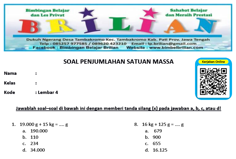 Soal Penjumlahan Satuan Massa Bimbel Brilian Lembar 4