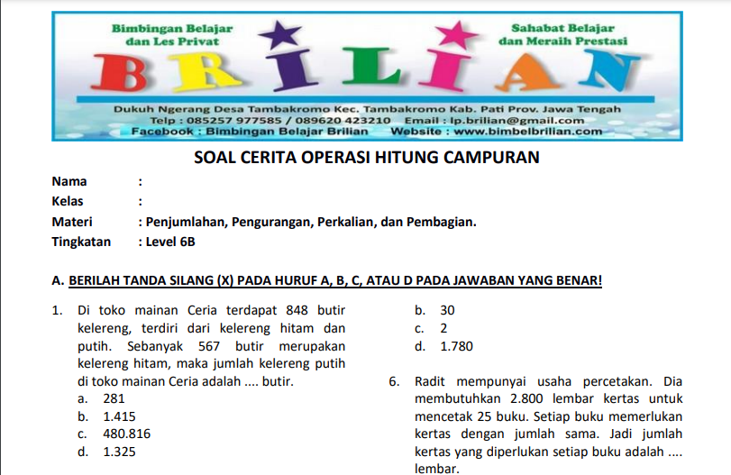 Latihan Soal Cerita Membedakan Operasi Perkalian Pembagian Penjumlahan atau Pengurangan Level 6 B