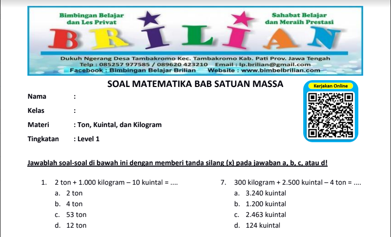 Soal Matematika Bab Ton, Kuintal dan Kilogram Level 1 dan Kunci Jawaban Soal Matematika Bab Ton, Kuintal dan Kilogram Level 1 dan Kunci Jawaban