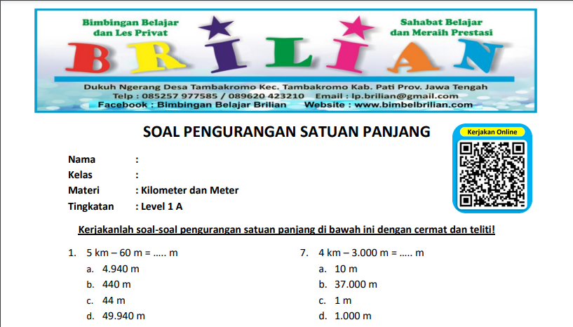 Soal Pengurangan Satuan Panjang Kilometer dan Meter Level 1 A (www.bimbelbrilian.com)