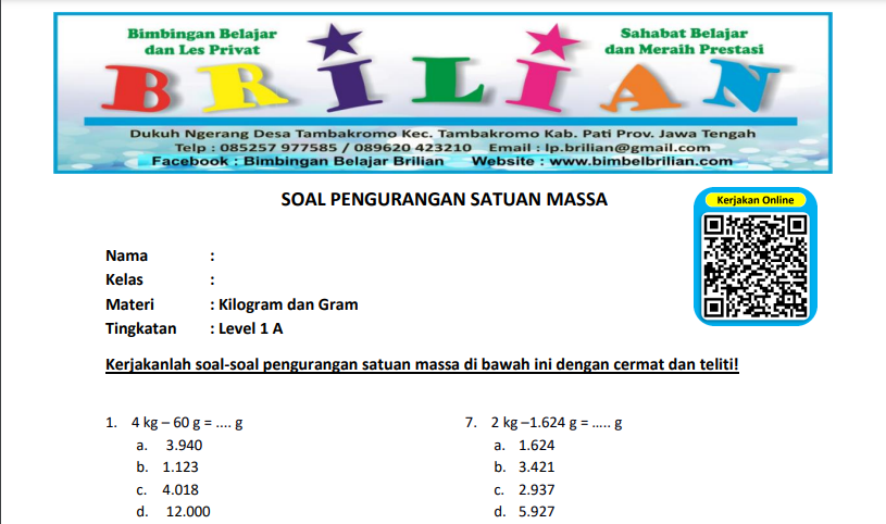 Soal Pengurangan Satuan Kilogram dan Gram Level 1 A
