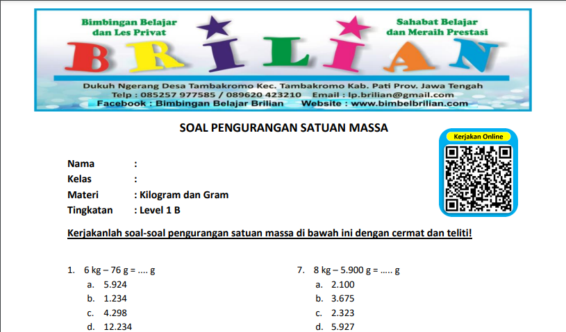 Soal Pengurangan Satuan Kilogram dan Gram Level 1 B
