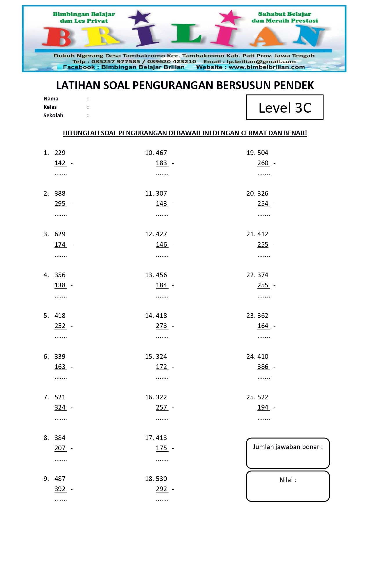 Soal Pengurangan Bersusun Pendek Level 3C - www.bimbelbrilian.com