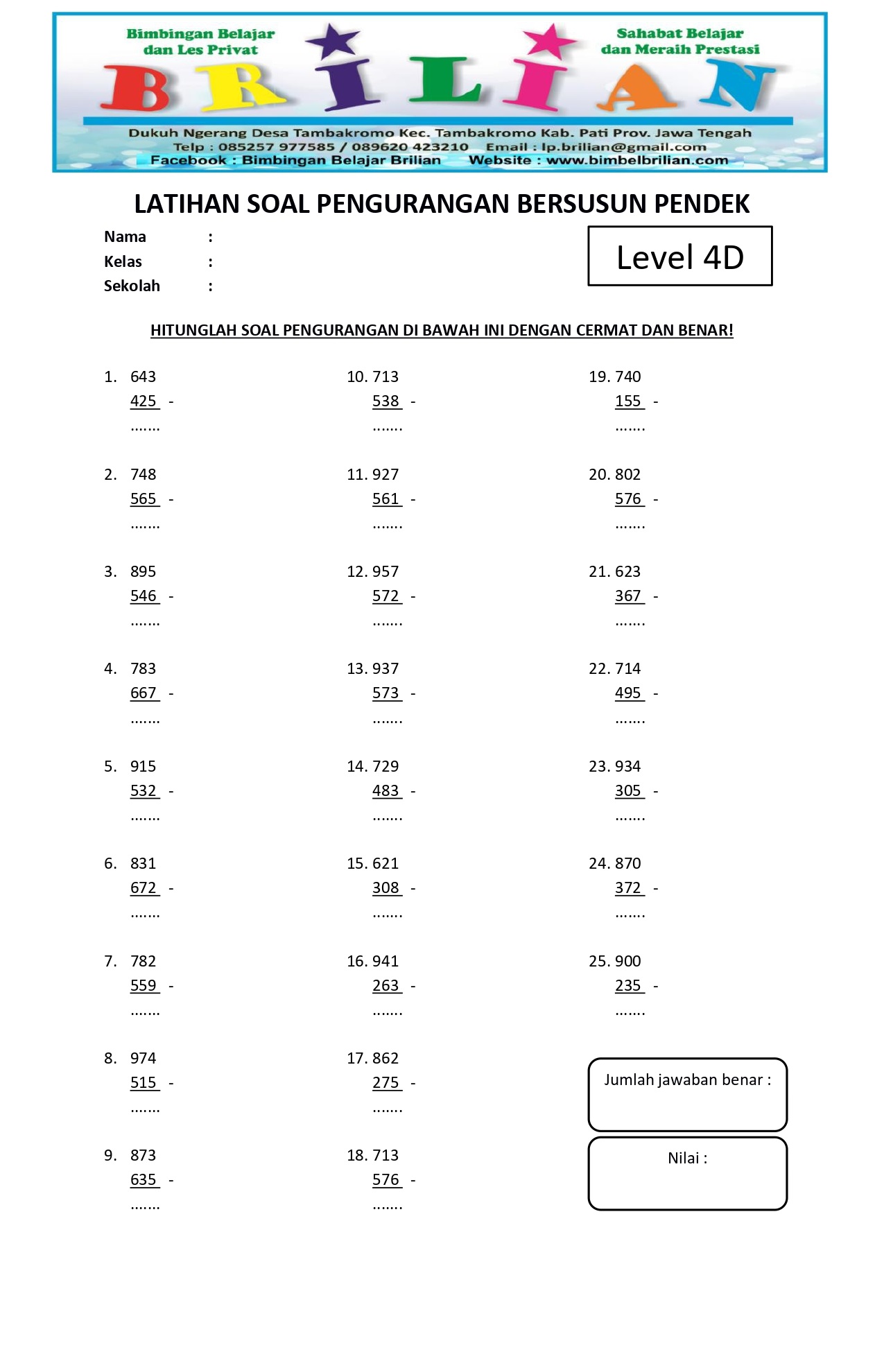 Soal Pengurangan Bersusun Pendek Level 4D - www.bimbelbrilian.com