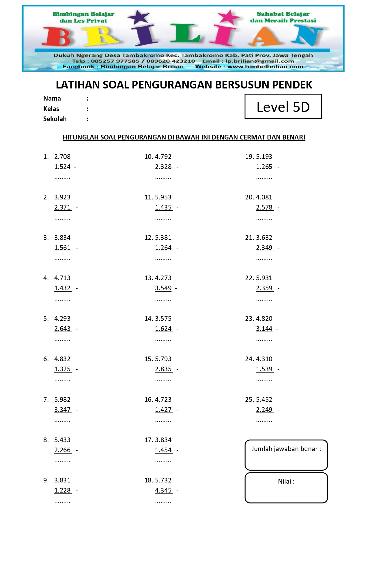 Soal Pengurangan Bersusun Pendek Level 5D - www.bimbelbrilian.com