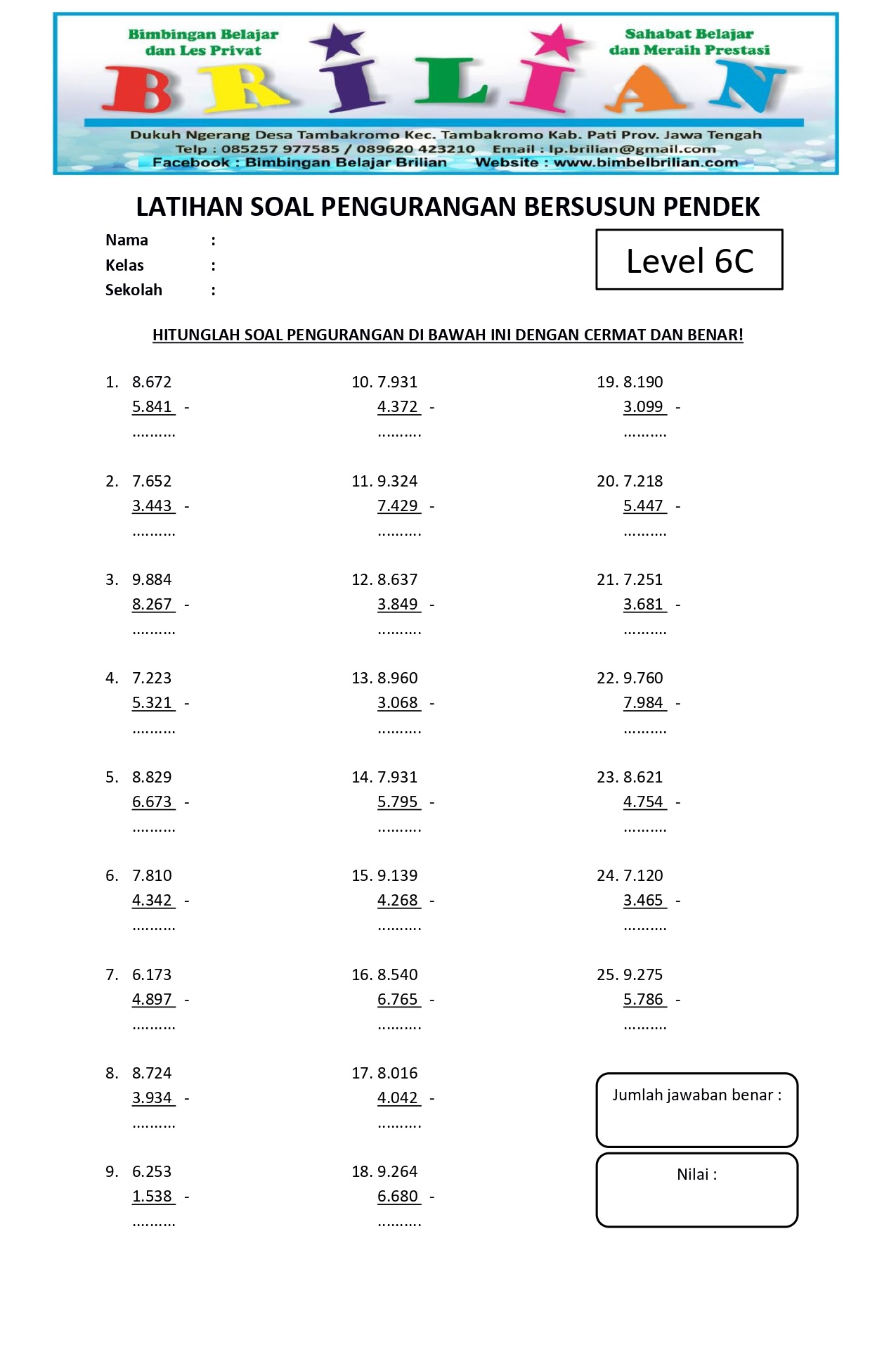 Soal Pengurangan Bersusun Pendek Level 6C - www.bimbelbrilian.com