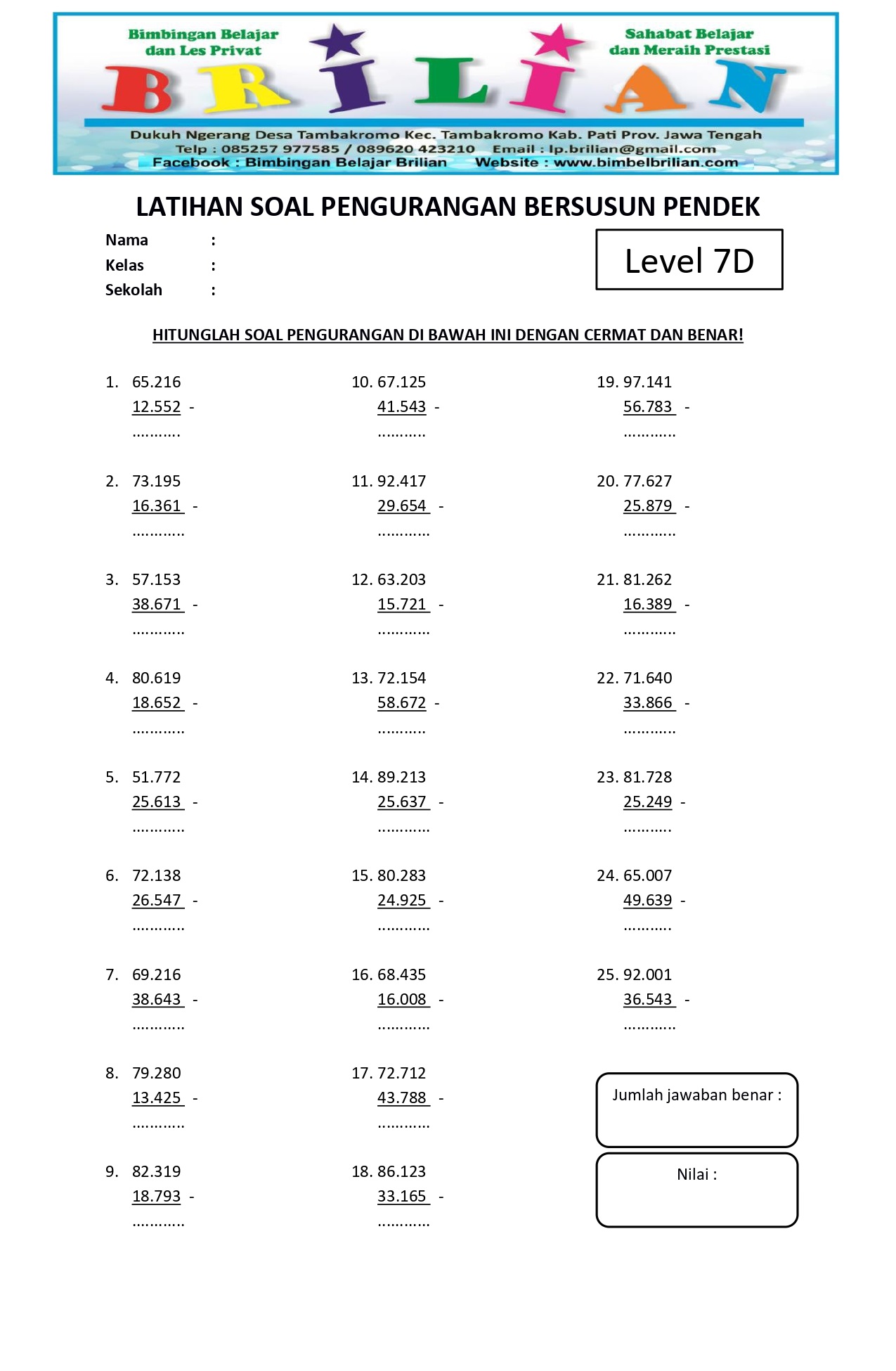 Soal Pengurangan Bersusun Pendek Level 7D - www.bimbelbrilian.com