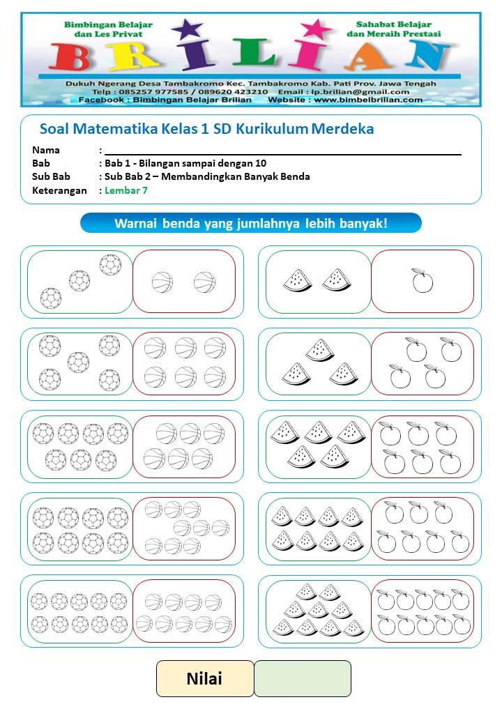 Soal Membandingkan Bilangan Kelas 1 SD dengan Mewarnai Lembar 6 dan 7