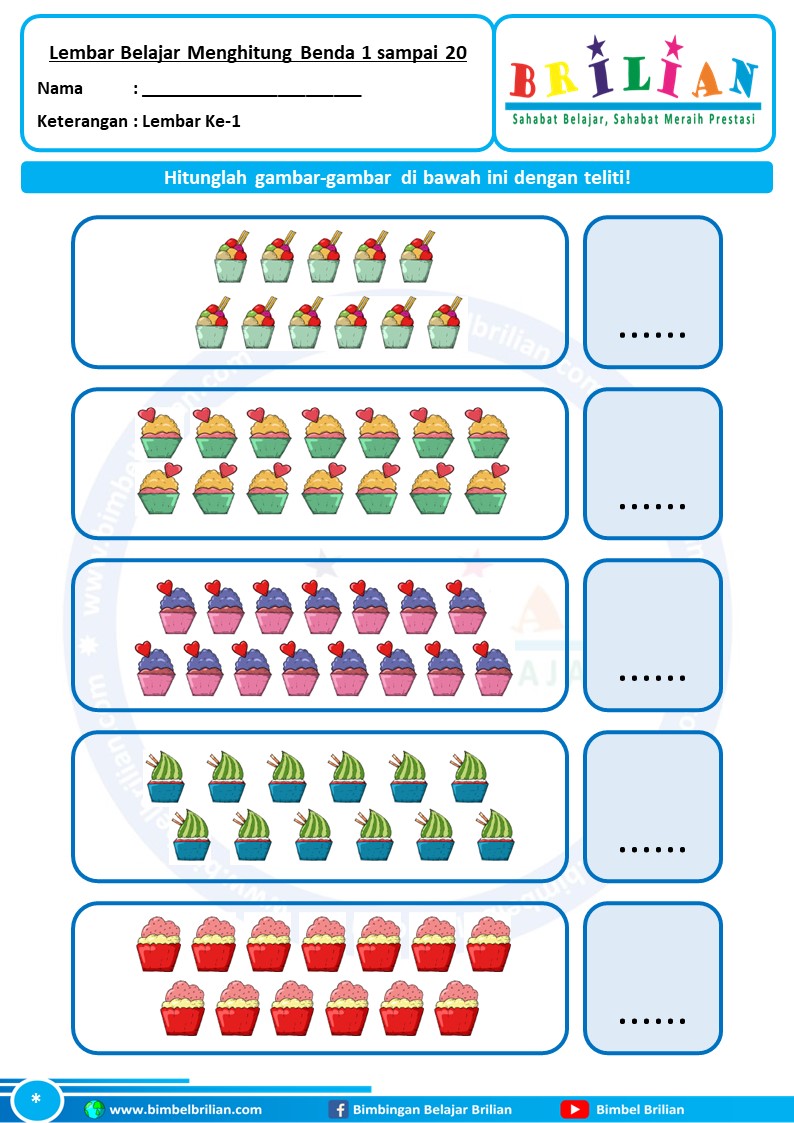 Soal Menghitung Benda 1 Sampai 20 (11 Lembar) – Bimbel Brilian