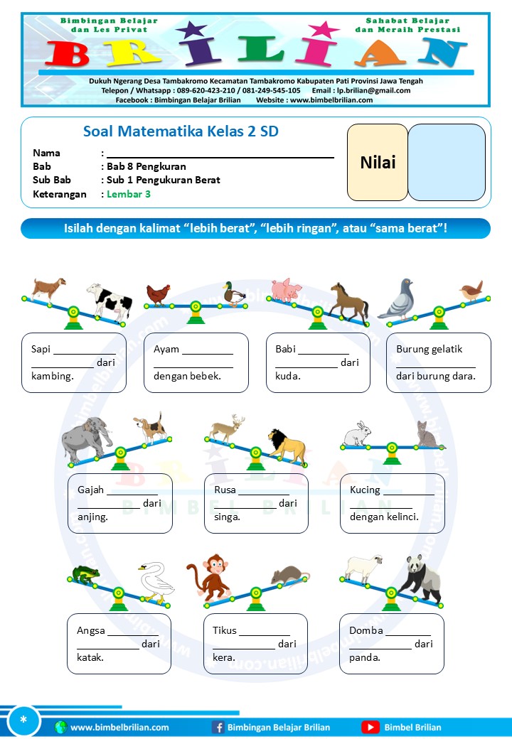 Soal Pengukuran Berat Kelas 2 SD Lembar 1, Lembar 2, dan Lembar 3 ...